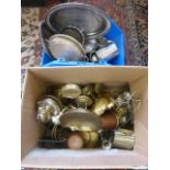 A box of assorted brassware and copper, also a box of assorted silver plated tableware.