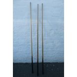 Three assorted snooker cues, a Hubble & Freeman Maidstone, a Facsimile of George Gray's championship