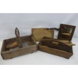 Two wooden trugs/cutlery trays and an assortment of kitchenalia etc.