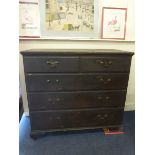 A Georgian painted chest of two short over three long drawers, raised on bracket supports.