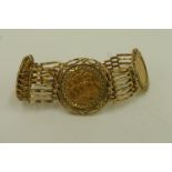 A 9ct gold bracelet set with two half sovereigns dated 1982 and a full sovereign dated 1910, total