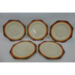 Five Clarice Cliff Wilkinson Bizarre octagonal shaped side plates (part sandwich set, some surface