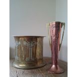 An Art Noveau brass jardiniere together with a copper and brass flower vase stamped Beldray to the