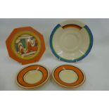 Two Clarice Cliff Newport Pottery Fantasque Bizarre saucers, a Fantasque octagonal side plate and