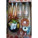 A box of assorted glassware including carnival glass, lustre and vaseline glass.