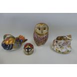 Four Royal Crown Derby paperweights including a barn owl with gold button, a limited edition Old