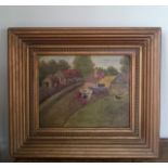English naive school, 19th Century farmyard scene with cart horses, oil on canvas.