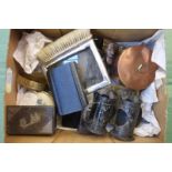 A box of assorted mixed collectables including a silver photograph frame, copper and metal ware.