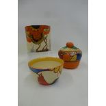 A Clarice Cliff Newport Pottery Bizarre bowl, a Fantasque bowl and a Wilkinson Rhondanthe jar (no