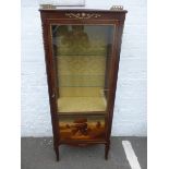 A decorative Louis XV style vitrine with pierced brass three-quarter gallery and painted panel