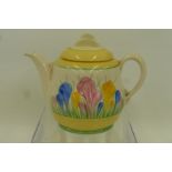 A Clarice Cliff Newport Pottery Summer Crocus bachelor teapot, 120mm high (chip to spout repaired,