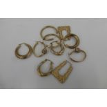 Five pairs of assorted 9ct gold hooped earrings, total weight 14.2g.