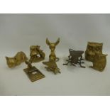 An assortment of brass insects and mammals including mice, lidded flies, owls etc.