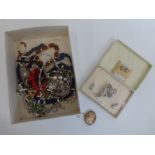 An assortment of costume jewellery including brooches, necklaces etc.