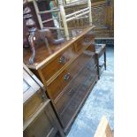 A yew wood chest of two short over three long drawers, raised on bracket supports.