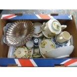 A box of assorted ceramics of various ages and makers including a Meissen bowl.