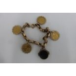 A 9ct rose gold bracelet with four attached gold half sovereigns in mounts, and a 9ct gold fob