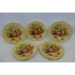 A set of nine Aynsley Orchard Gold pattern dinner plates.