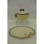 A Clarice Cliff Wilkinson Bizarre Ravel pattern jug (chip), an oval dish and a pot lid.