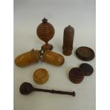 An assortment of 19th Century treen including assorted threaded containers.