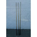 Three assorted snooker cues, The Orme Masterstroke De Luxe Orme & Son Ltd London and Manchester, a