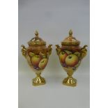 A Coalport glazed ceramic fruit decorated pedestal urn with cover, signed N. LEAR (chip repair and