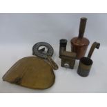 An assortment of early 19th Century and later collectable metal ware including a curved brass