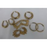 Five pairs of assorted 9ct gold hooped earrings, total weight 15.0g.