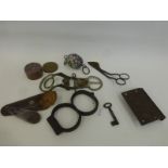 A selection of assorted mixed collectables including cufflinks, lock and key, a Millefiori glass