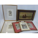 An assortment of framed and glazed prints including a 19th Century European School oil on board.