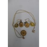 An assortment of Mexican dos pesos jewellery comprising two pairs of earrings and a pendant