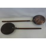 Two 19th Century copper warming pans, one decorated with a cockerel.