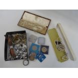 An assortment of costume jewellery including silver, coins, wristwatches; also two 9ct gold clasp