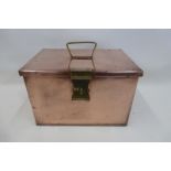 A late 19th Century copper lidded box with airation panels to each end and swing carrying handle,