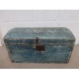 An 18th Century blue painted chest with original blue, cream and white paint, iron lock plate and