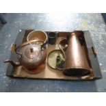 A box of mixed collectables including a Victorian copper kettle.