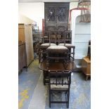 An oak dining room suite comprising a dining table, four chairs, leaded glazed floor standing corner