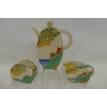 A Clarice Cliff Newport Pottery Fantasque Bizarre Bon Jour coffee pot, cream jug and sugar bowl in