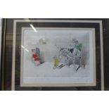 A framed and glazed comical print depicting dogs, with a French inscription and signed in pencil.