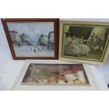 Two framed prints and an oil on board street scene (Piccadily London/ Paris), signed R. Davey.