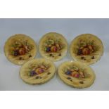 A set of ten Aynsley Orchard Gold pattern fluted dinner plates.