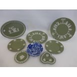 An assortment of Wedgwood green and white jasperware and a 19th Century blue and white soap dish.