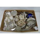 A box of assorted silver plate including trays and rose bowls.