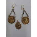 A pair of 9ct gold earrings in the form of sovereigns and a 9ct gold St. Christopher, weight 8.0g.