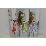 A set of three contemporary acrylic on canvas paintings depicting a lady walking in New York, the