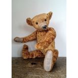 A Steiff type gold mohair teddy bear with black boot button eyes, pronounced muzzle and hump back,