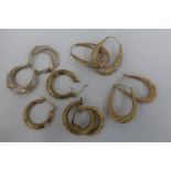 Five pairs of assorted 9ct gold hooped earrings, total weight 8.5g.