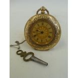An 18ct gold pocket watch with embossed and engine turned decoration, stamped 18K 33915.