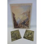A pair of tin print engravings depicting early 19th Century tavern scenes showing men smoking
