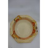 A Clarice Cliff Wilkinson Bizarre Capri pattern octagonal shaped fruit bowl (surface wear).